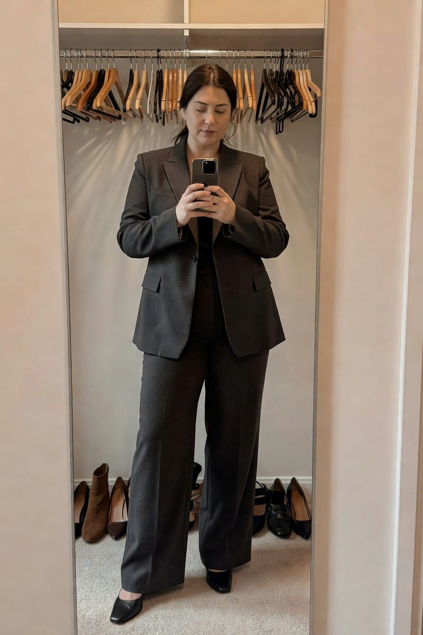 Woman in a mirror selfie inside a closet, wearing a tailored charcoal gray blazer and matching wide-leg pants with black square-toe heels, holding her phone