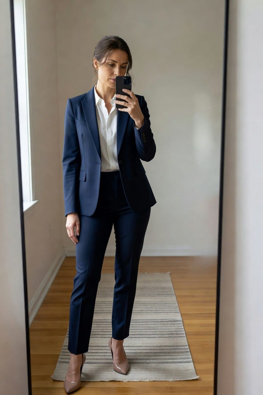 Woman in tailored navy pantsuit with white blouse and nude heels, standing in front of mirror holding phone, professional interview outfit inspiration