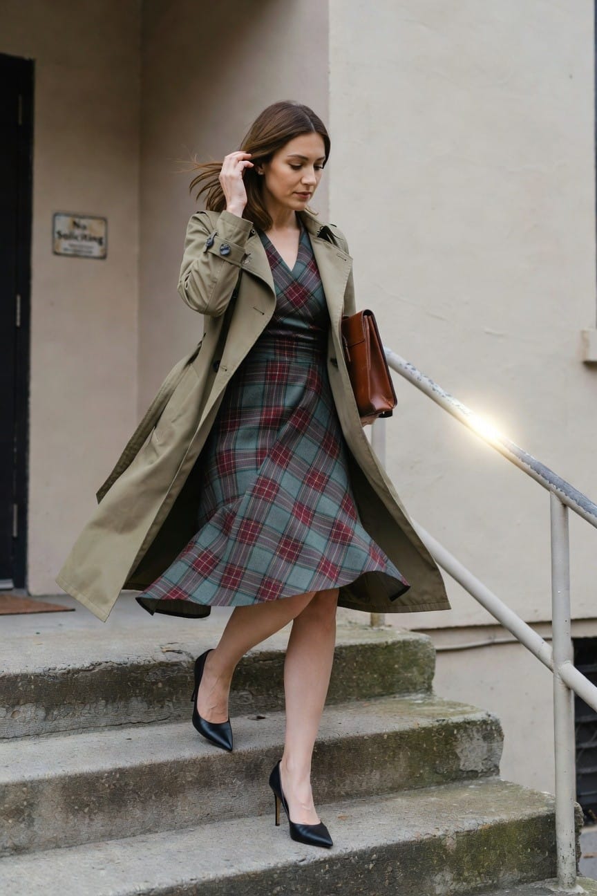 Woman descending concrete stairs in a belted beige trench coat layered over a green and red plaid flared dress, black stiletto heels, brown leather handbag, hair tousled in the wind