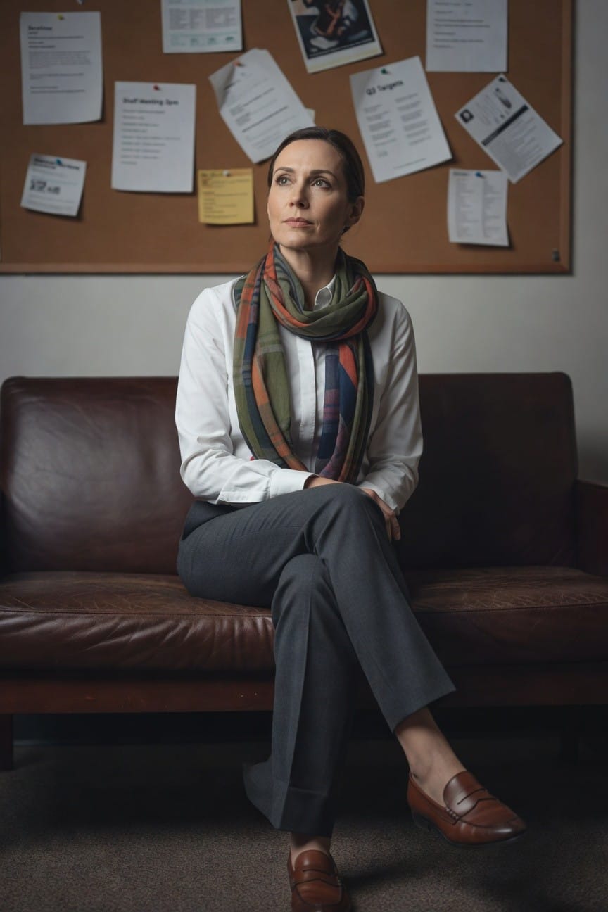 Woman seated on leather couch in white button-up blouse layered with multicolored plaid scarf in orange green and blue tones, gray tailored trousers, and brown leather loafers, professional office setting with bulletin board backdrop