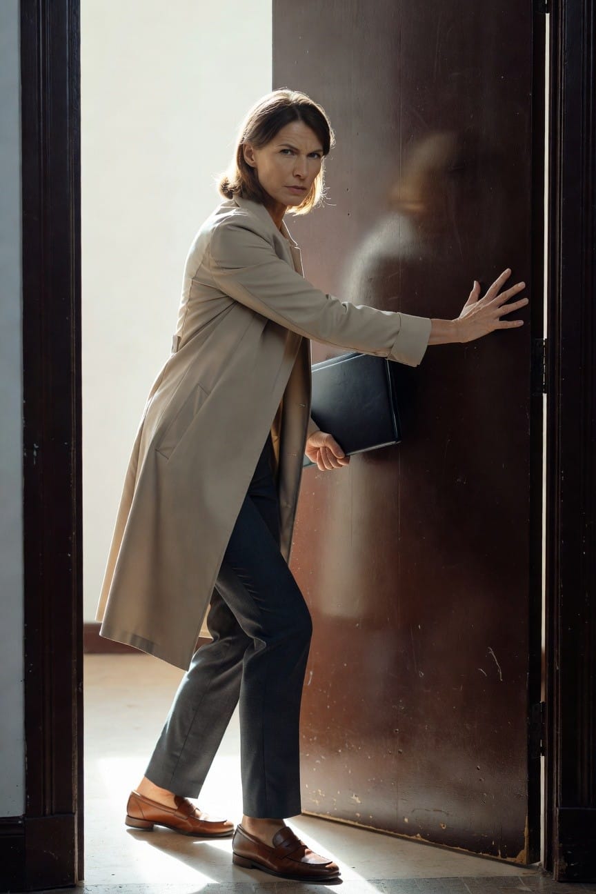 Woman in a long beige trench coat over slim navy trousers and brown loafers, holding a black leather folder while pushing open a dark wooden door in a bright hallway