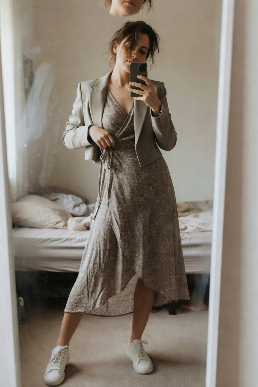 Woman in mirror selfie wearing a light beige blazer over a greige floral wrap dress with white sneakers, bedroom background