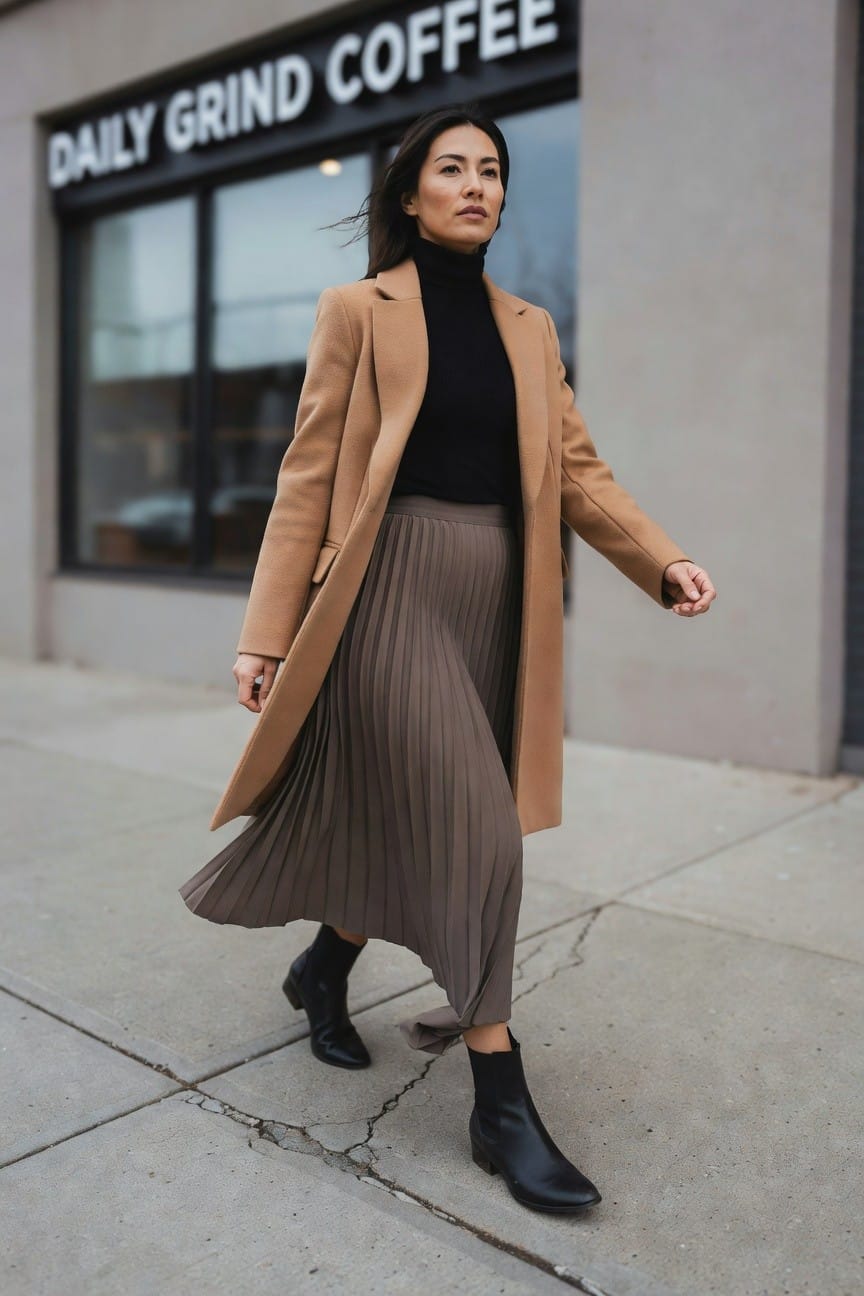 Woman in open camel coat over black turtleneck and taupe pleated midi skirt with black ankle boots walking on concrete sidewalk outside coffee shop