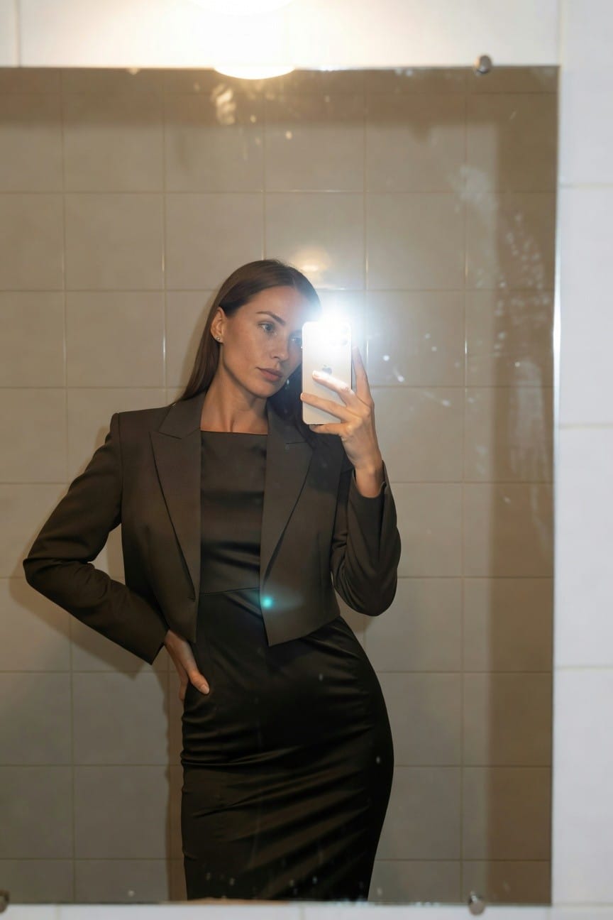 Woman in tailored cropped brown blazer and matching satin midi dress posing with hand on hip in front of bathroom mirror selfie