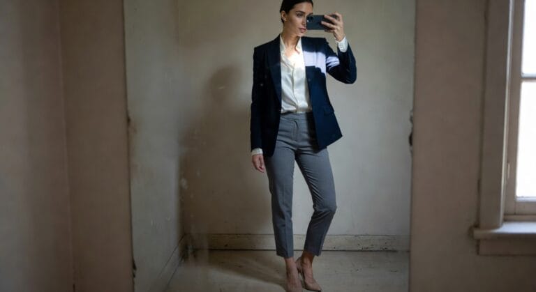 Woman taking a mirror selfie in a navy blazer over a white blouse, gray slim trousers, and nude high heels, posed confidently in a hallway