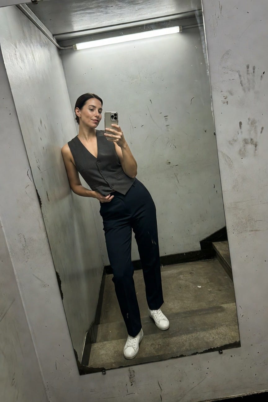 Woman in sleeveless gray vest, navy trousers, and white sneakers posing confidently in a mirror selfie