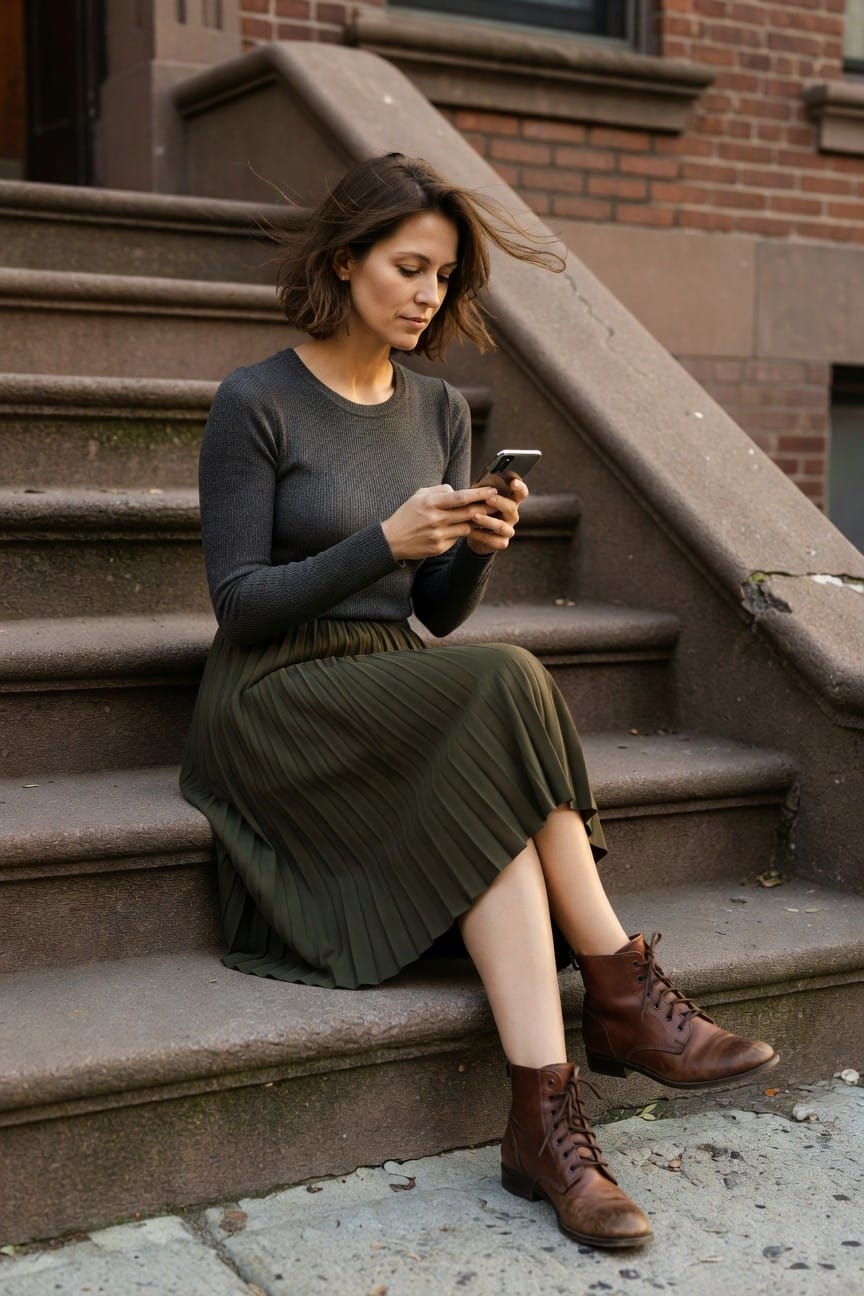 Woman in gray long-sleeve knit sweater, olive green pleated midi skirt, and brown leather ankle boots, sitting on stone steps while holding a smartphone