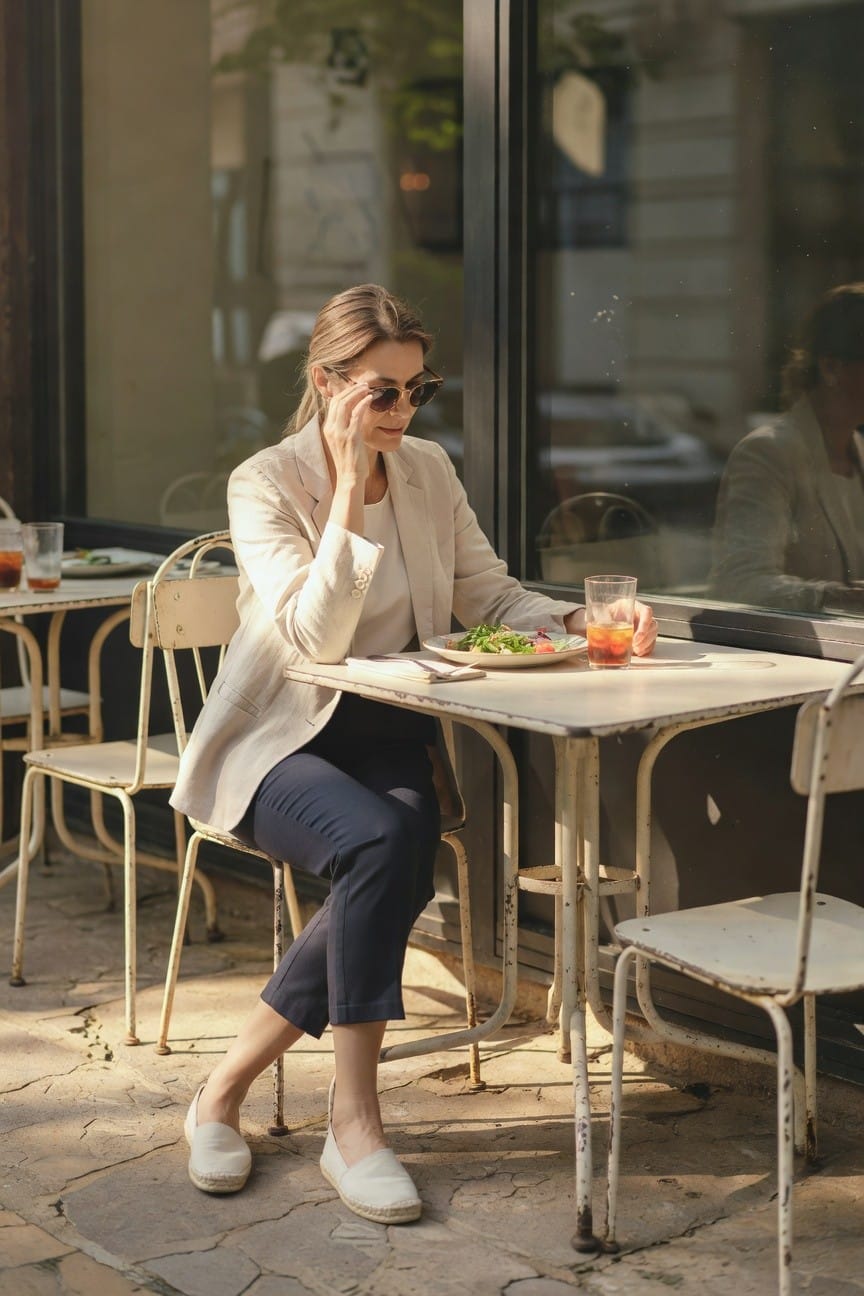 Woman sitting at outdoor cafe table wearing beige linen blazer over white top, navy blue cropped pants, and white espadrille flats, holding phone to ear with sunglasses on, salad plate and iced tea glass on table