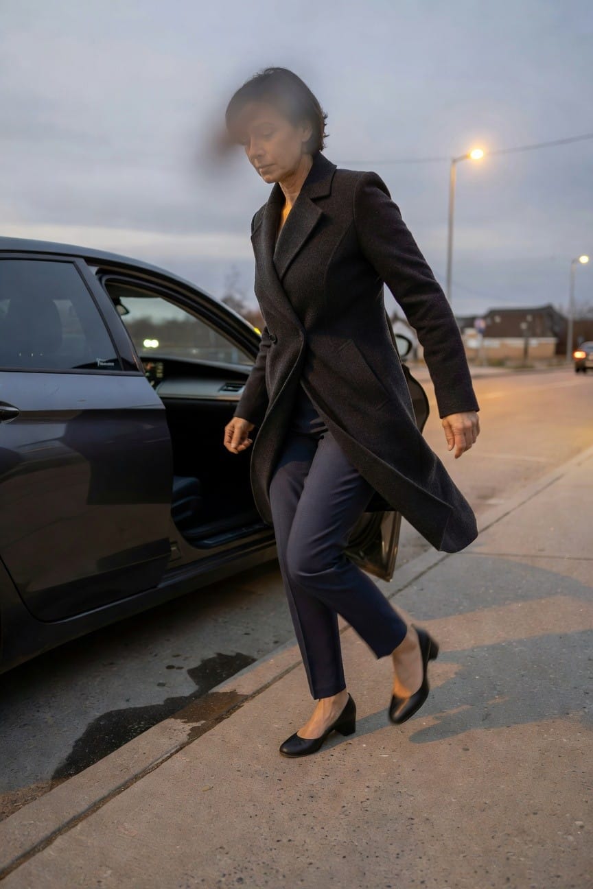 Woman in a long dark wool coat over a yellow blouse and slim navy pants, stepping toward an open car door while wearing black low-heeled pumps, motion-blurred face in evening street light