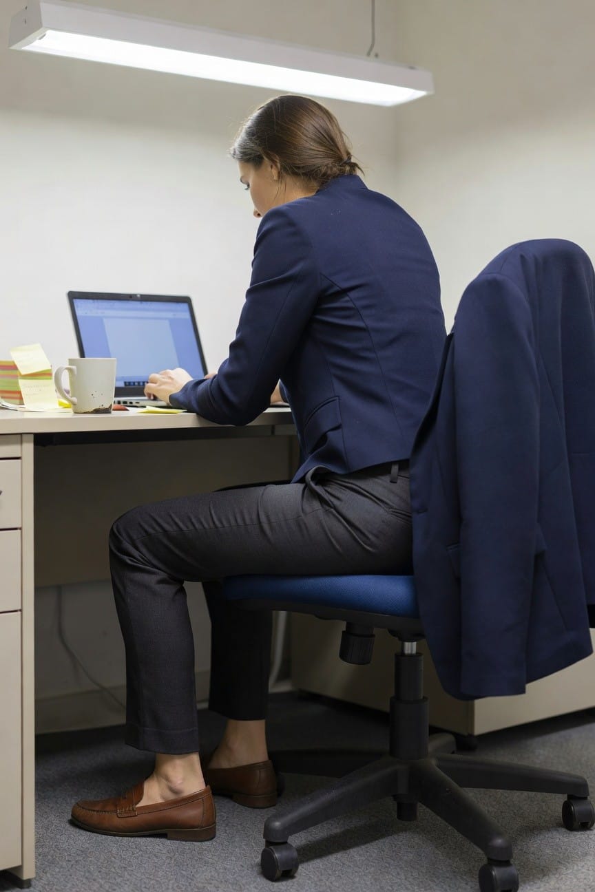 Woman seated at office desk typing on laptop, wearing navy blazer, charcoal trousers, and brown loafers, with coffee mug nearby