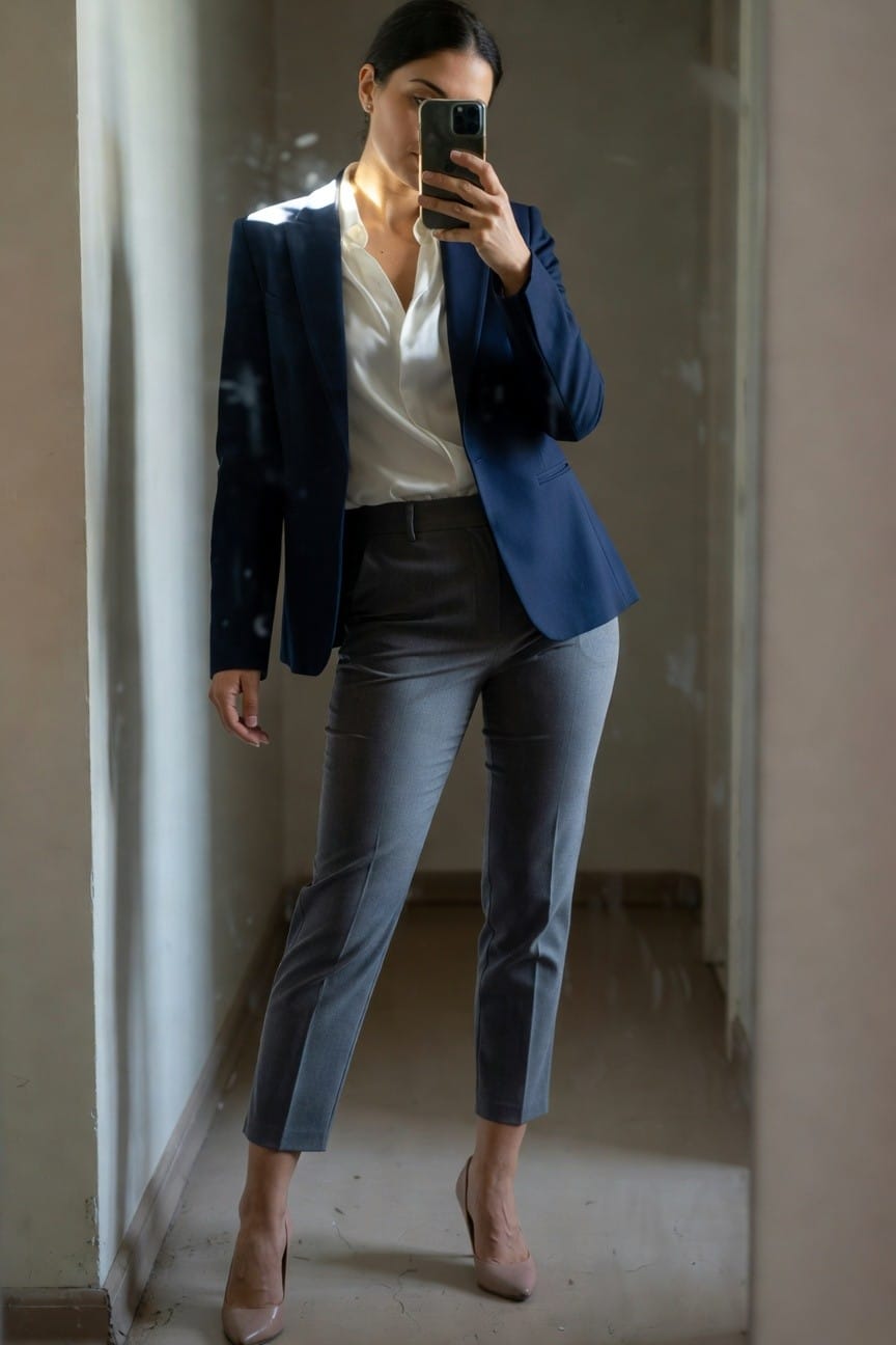 Woman taking a mirror selfie in a navy blazer over a white blouse, gray slim trousers, and nude high heels, posed confidently in a hallway