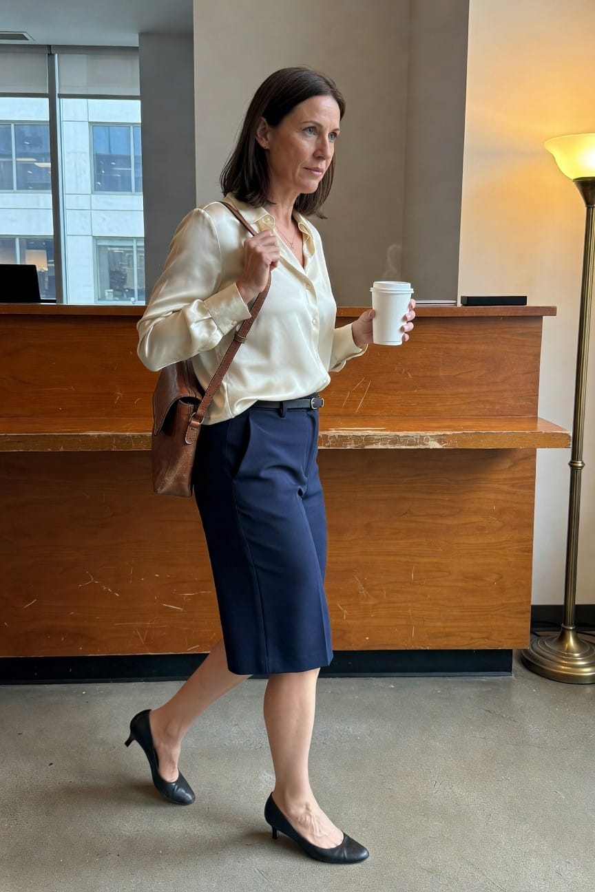 Woman in cream silk long-sleeve blouse, navy tailored mid-thigh culottes, black kitten heel pumps, and brown leather crossbody bag, walking in an office lobby while holding a coffee cup