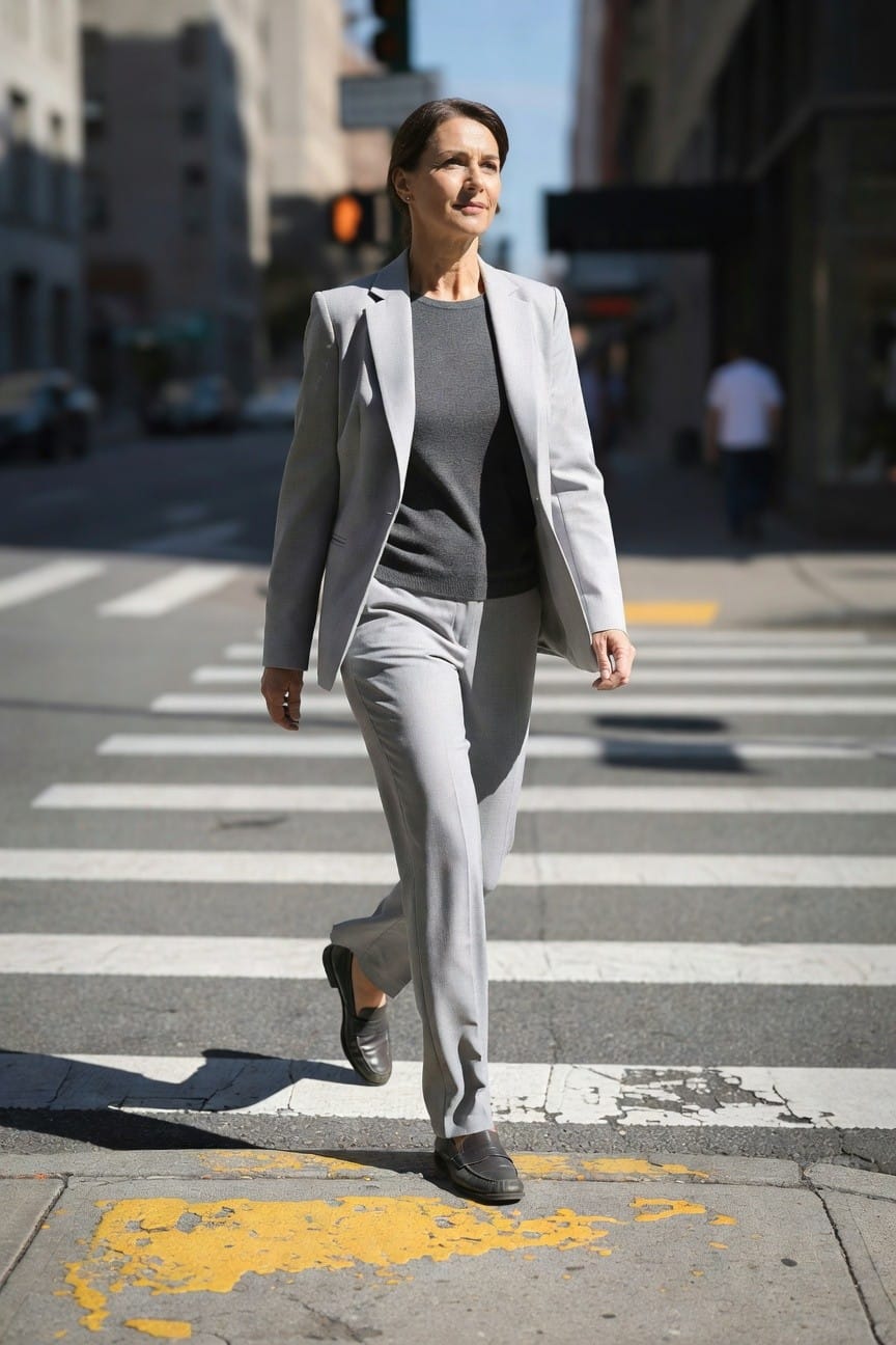 Woman in light gray tailored blazer over gray sweater and matching trousers with black loafers crossing urban street