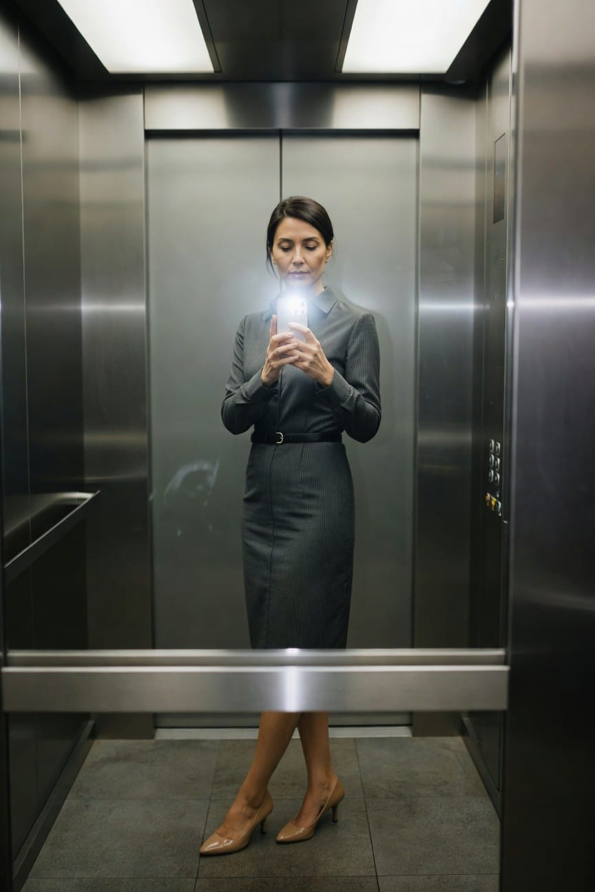 Woman taking elevator mirror selfie in long-sleeve belted charcoal gray textured dress with nude pointed pumps, professional office style