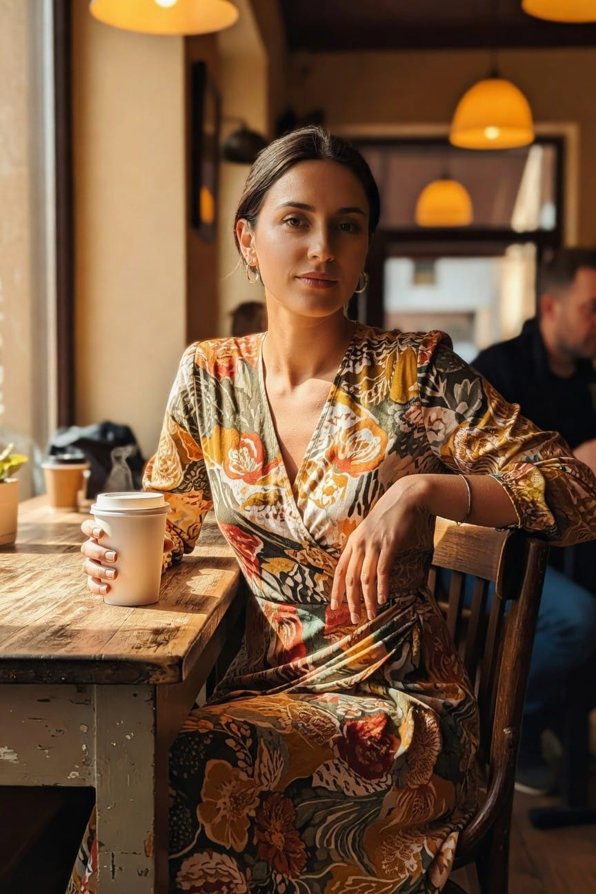 Woman seated at wooden table in a green and orange floral print wrap dress with v-neckline and long sleeves, holding a white to-go coffee cup, gold hoop earrings and bracelet, casual office-ready pose