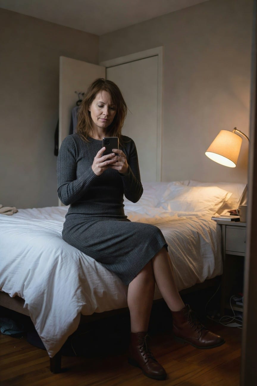 Woman in charcoal gray long-sleeve knit dress and brown leather ankle boots, sitting on bed edge while holding smartphone