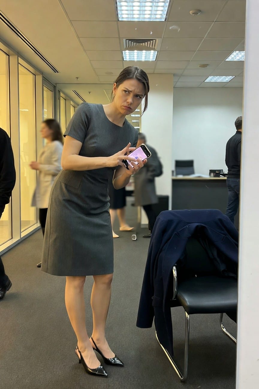 Woman in fitted gray short-sleeve sheath dress and black pointed slingback heels standing in office hallway mirror selfie holding pink iPhone with annoyed expression blurred coworkers in background