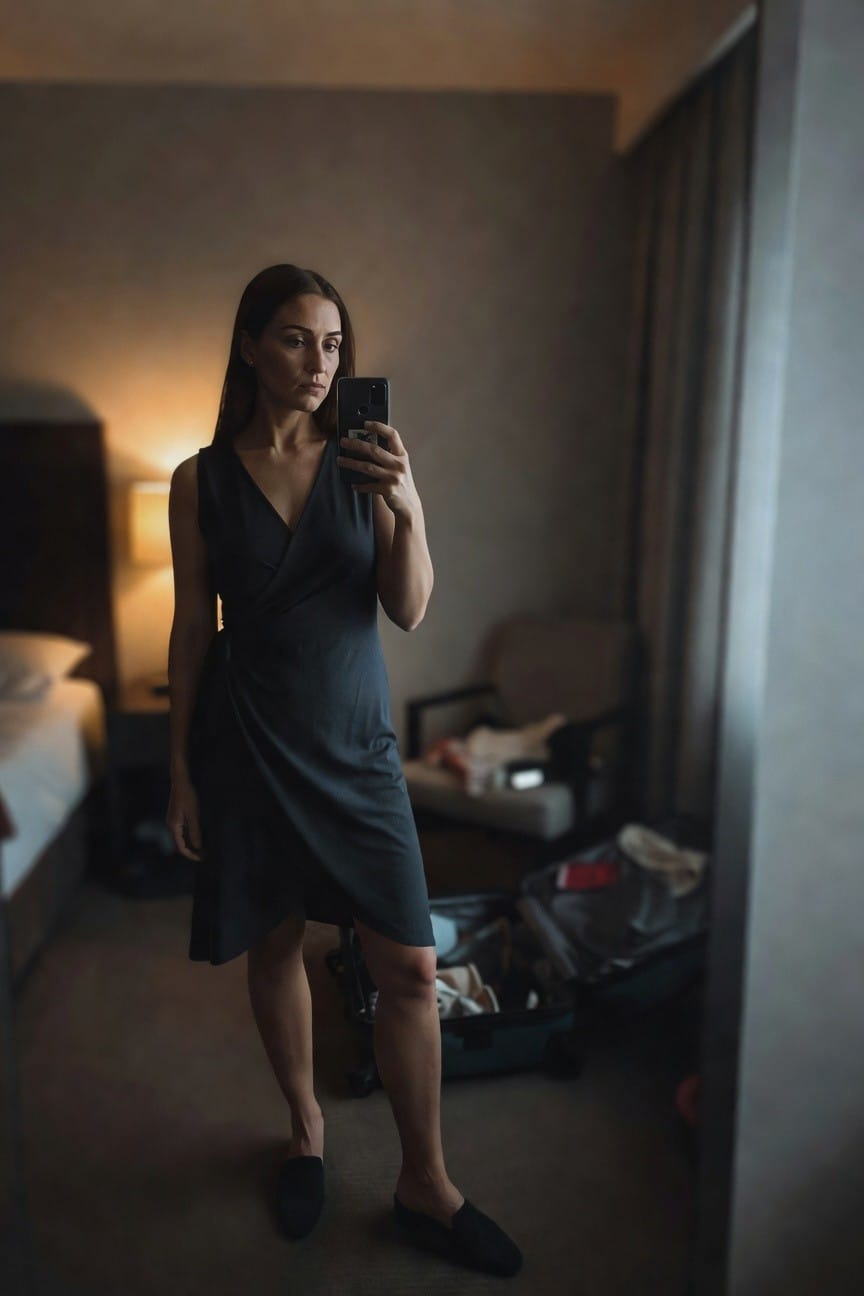 A woman takes a selfie in a hotel room mirror, wearing a sleeveless charcoal gray wrap dress with a V-neckline and side tie, paired with black suede slip-on loafers, standing near open luggage on the floor