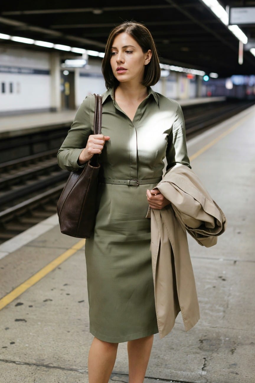 Woman standing in shiny olive green belted long-sleeve dress holding brown leather tote bag and draped beige trench coat