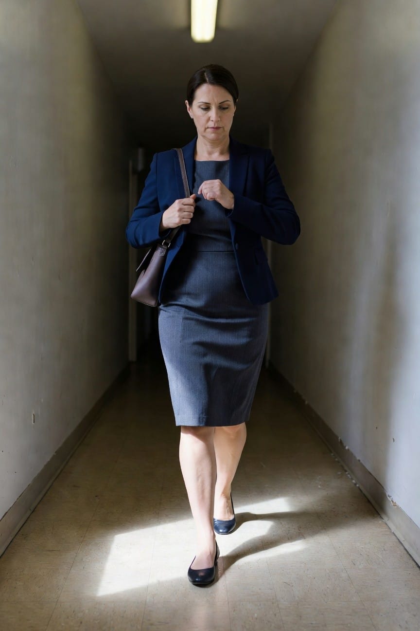 Woman in tailored navy blazer over gray pinstripe pencil skirt, brown leather tote bag on arm, black pointed flats, walking down indoor hallway