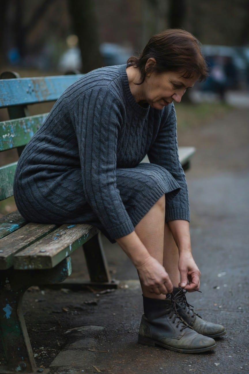 Mature woman sitting on a weathered green park bench, tying the laces on her scuffed brown combat boots while wearing a form-fitting navy blue cable-knit sweater dress with a turtleneck and knee-length hem