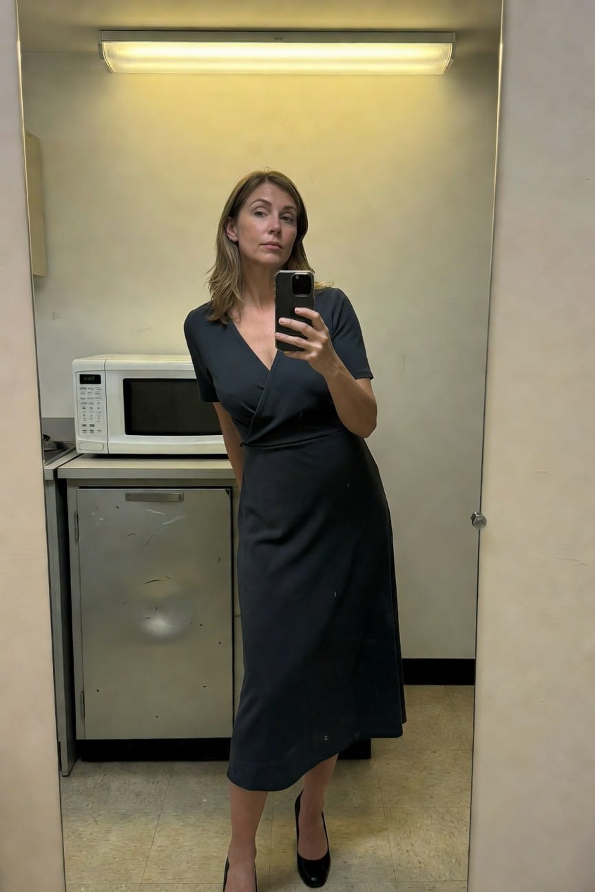 Woman taking a mirror selfie in an office break room, wearing a dark navy short-sleeve wrap midi dress with a V-neckline and black closed-toe pumps, standing confidently with one hand holding her phone.