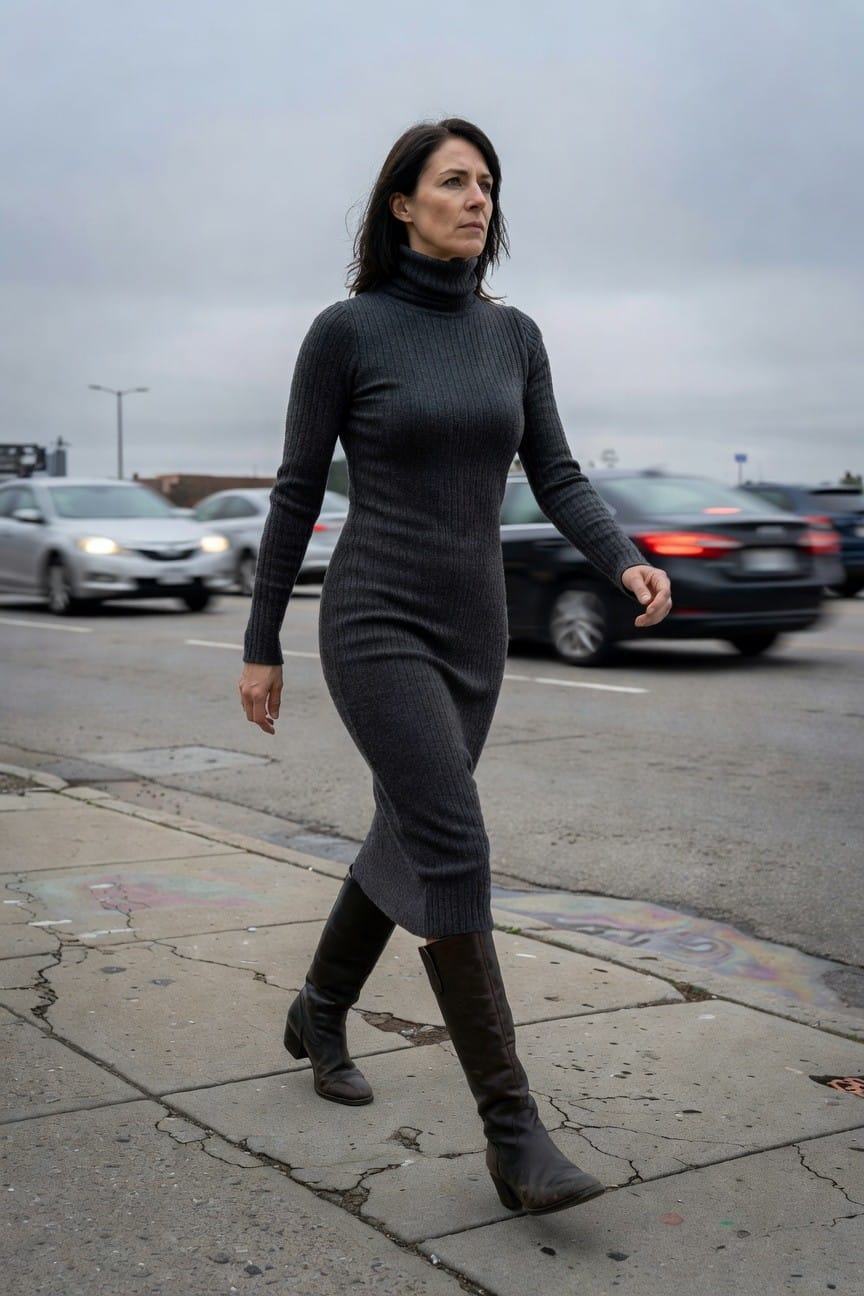 Woman in form-fitting gray ribbed knit turtleneck midi dress with long sleeves, paired with brown knee-high heeled boots, walking on cracked sidewalk