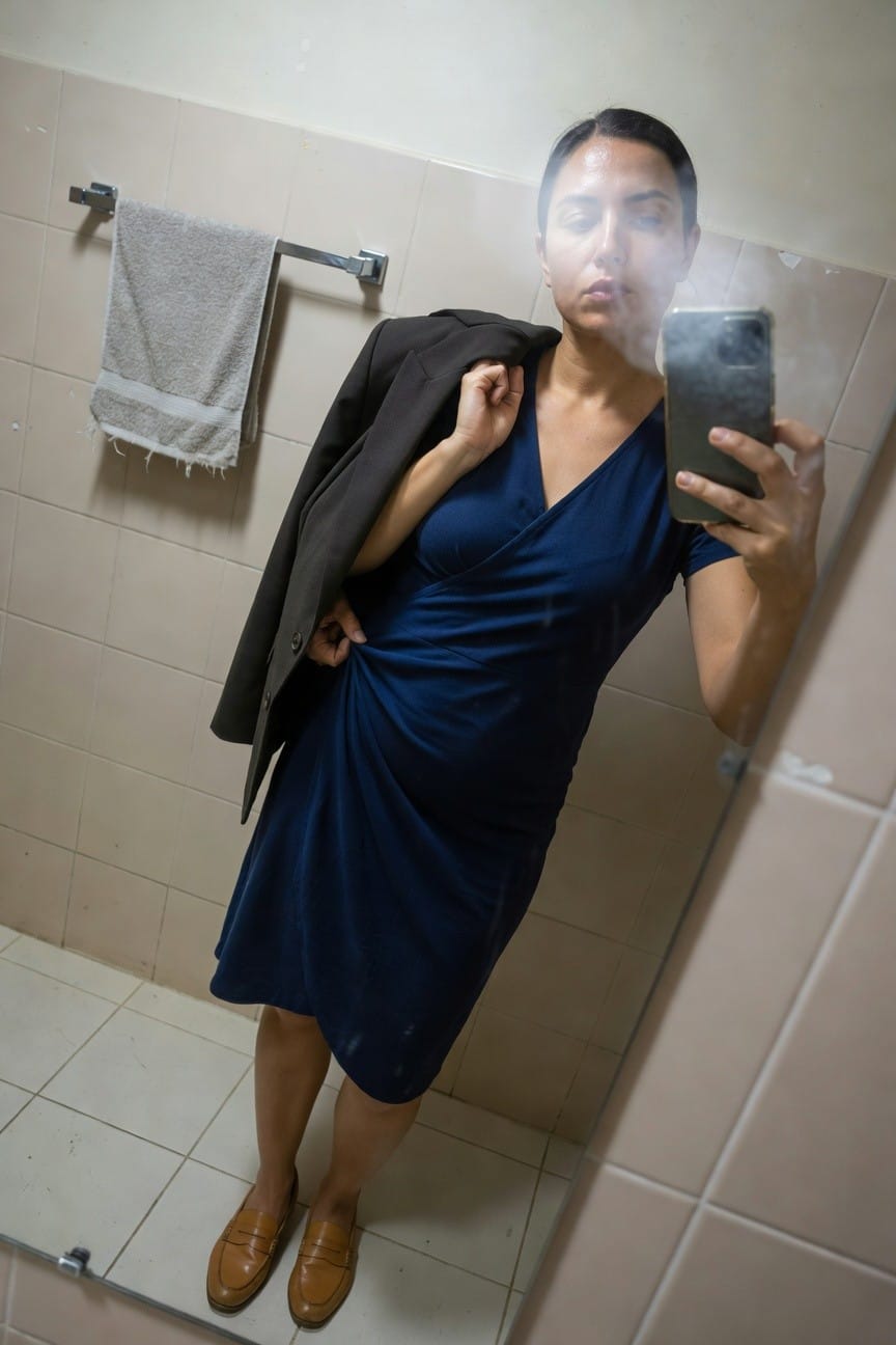 Woman taking a mirror selfie in a bathroom wearing a navy blue wrap dress with a gray blazer draped over one shoulder, holding her phone, brown loafers on feet, towel hanging nearby