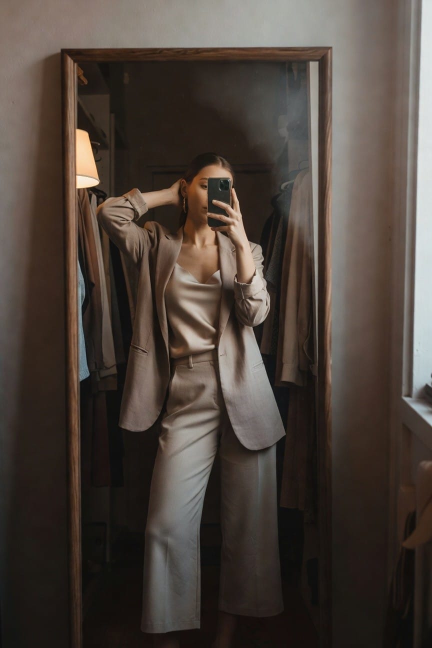 Woman taking a mirror selfie in a bedroom closet, wearing a beige oversized blazer over a cream silk camisole and matching wide-leg trousers, barefoot with hoop earrings, wardrobe and lamp in background