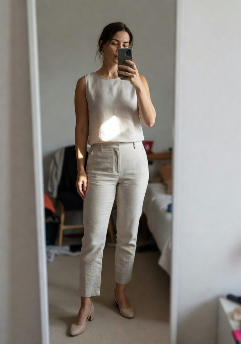 Woman in a mirror selfie wearing a white sleeveless linen tank top and matching high-waisted wide-leg cropped linen pants with nude high-heeled sandals, standing in a light-filled room with neutral furniture