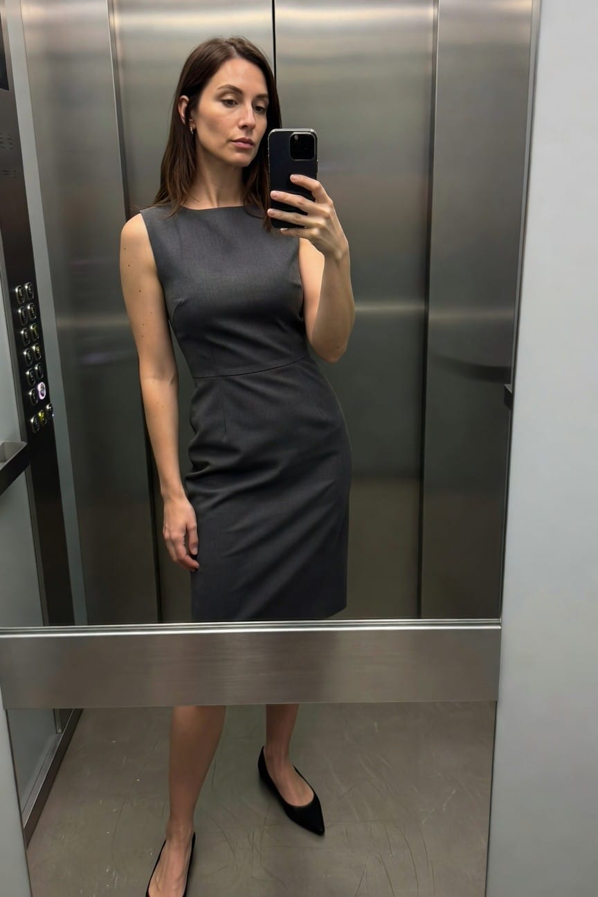 Woman taking a mirror selfie in an elevator wearing a sleeveless fitted charcoal gray sheath dress with black pointy pumps, hand in pocket, phone held up