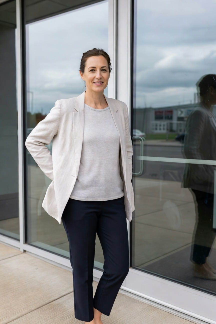 Woman in her 40s smiling confidently outside glass office doors, wearing an open pale beige linen blazer over a light gray crewneck knit top, slim navy ankle pants, and barefoot on concrete pavement