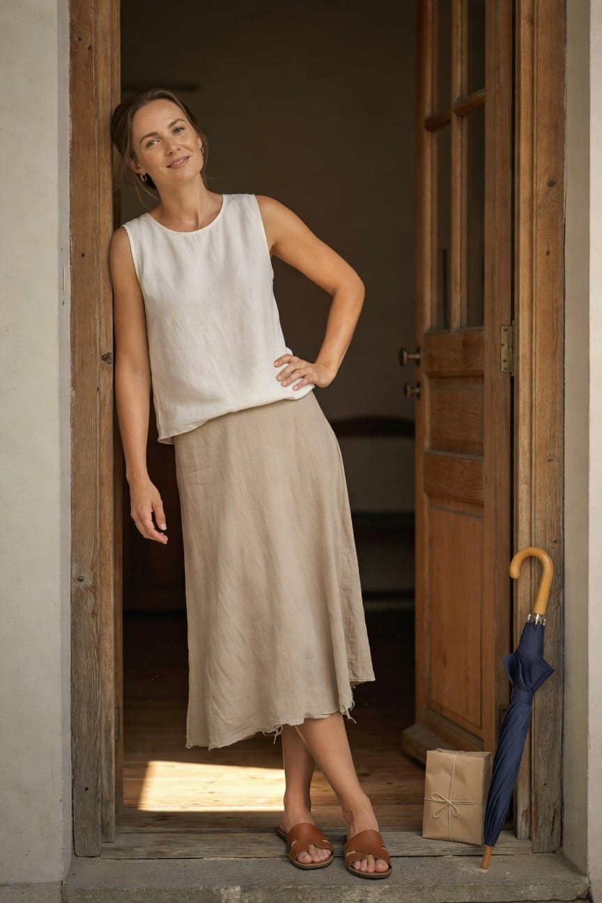 Woman leaning against wooden doorframe in white sleeveless linen tank top, beige flowing midi skirt, tan strappy sandals, and small gold hoop earrings, with brown umbrella and wrapped package nearby