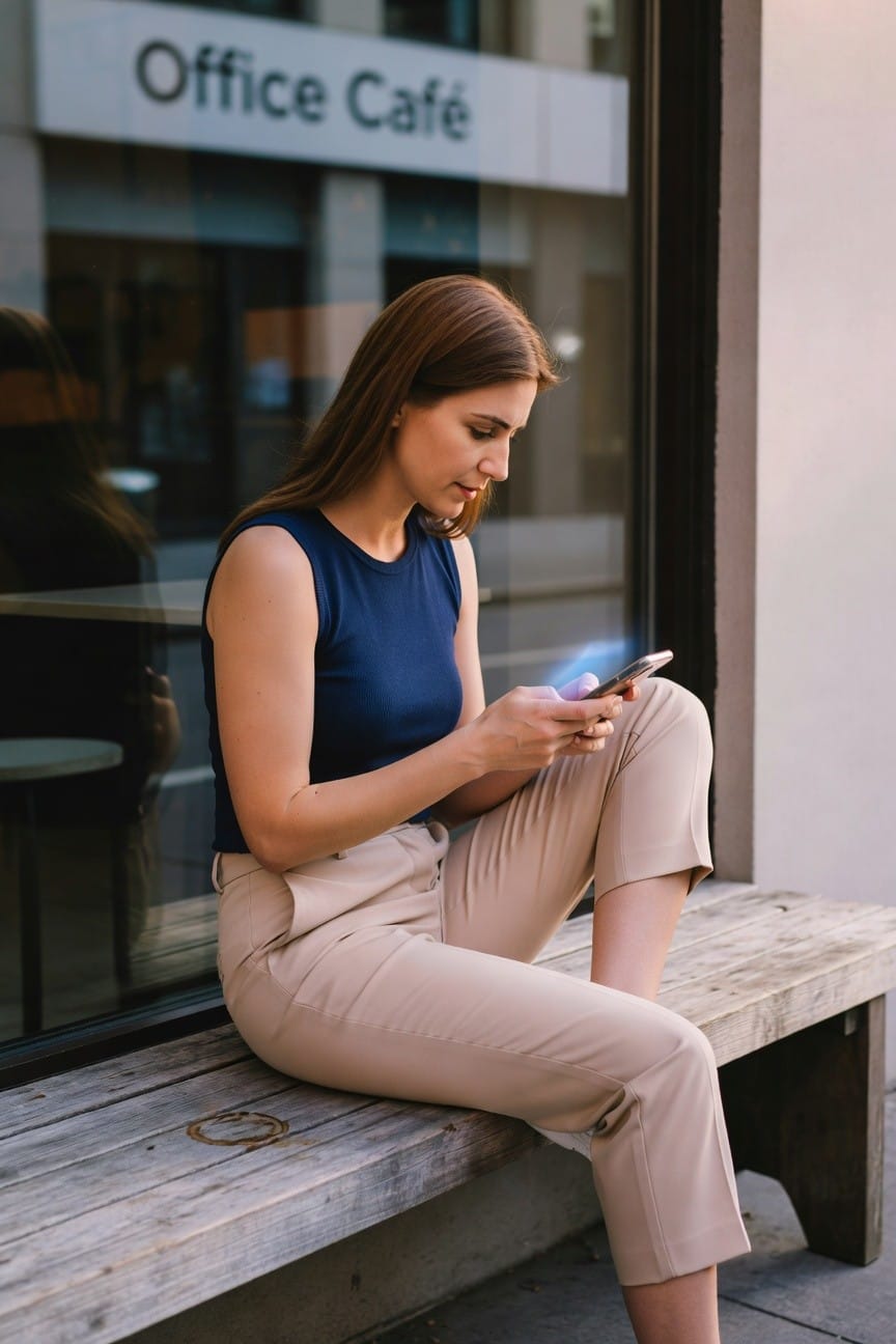 Woman in sleeveless navy blue tank top and high-waisted beige cropped pants sitting cross-legged on wooden bench, holding phone while outside office cafe window