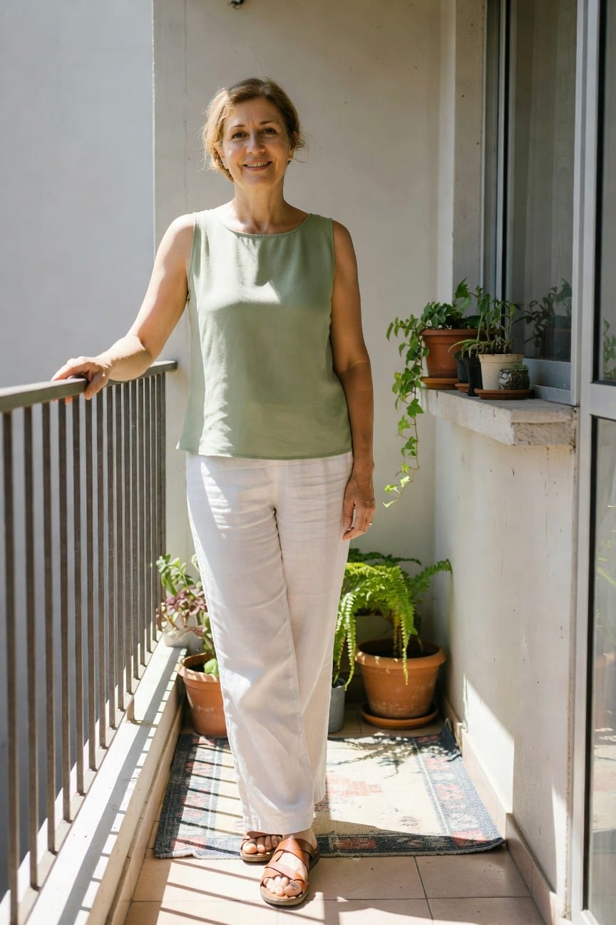 Woman in her 40s or 50s with shoulder-length wavy brown hair smiling on a balcony, wearing a sage green sleeveless tank top, loose white linen wide-leg pants, and brown strappy flat sandals, one hand on the railing amid potted plants