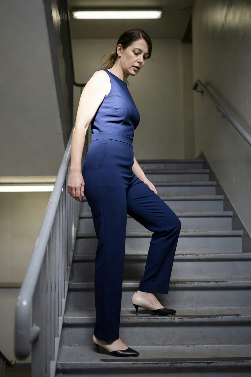 Woman ascending concrete stairs in a form-fitting navy blue sleeveless jumpsuit with high-waisted pants, holding metal railing, wearing low nude heels with black trim, fluorescent lighting overhead