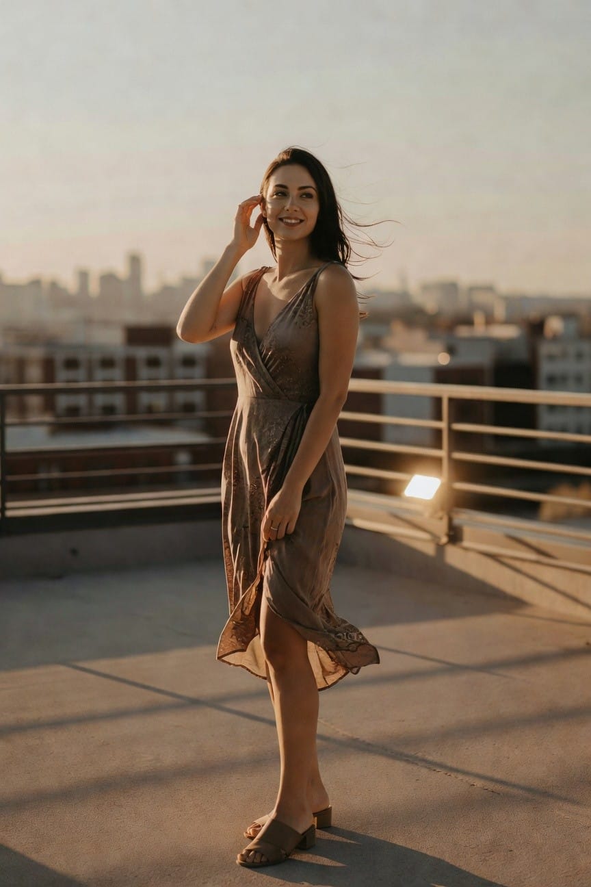 Woman standing on rooftop in taupe spaghetti-strap wrap midi dress with flared skirt, tan cork wedge sandals, smiling with hand to hair, city skyline in background