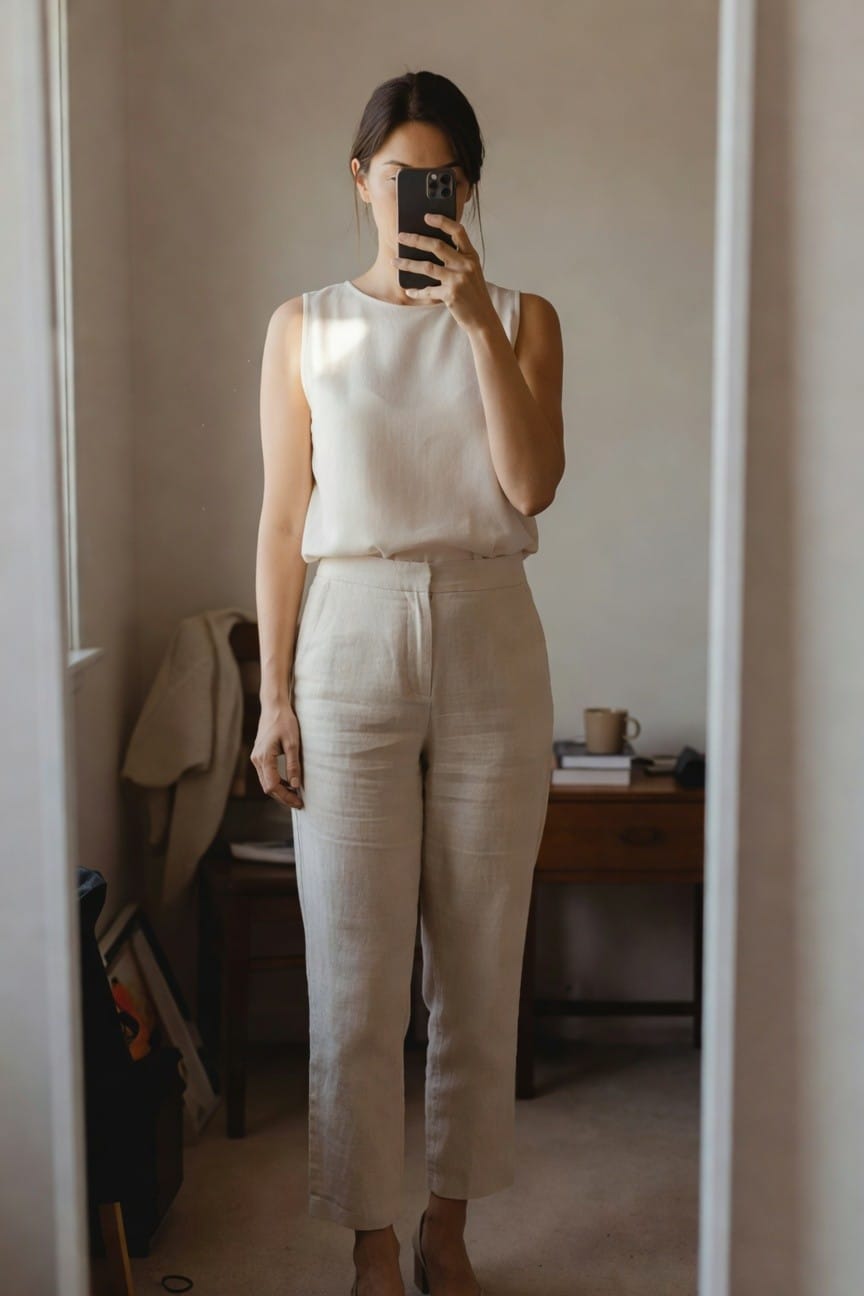 Woman in a mirror selfie wearing a white sleeveless linen tank top and matching high-waisted wide-leg cropped linen pants with nude high-heeled sandals, standing in a light-filled room with neutral furniture