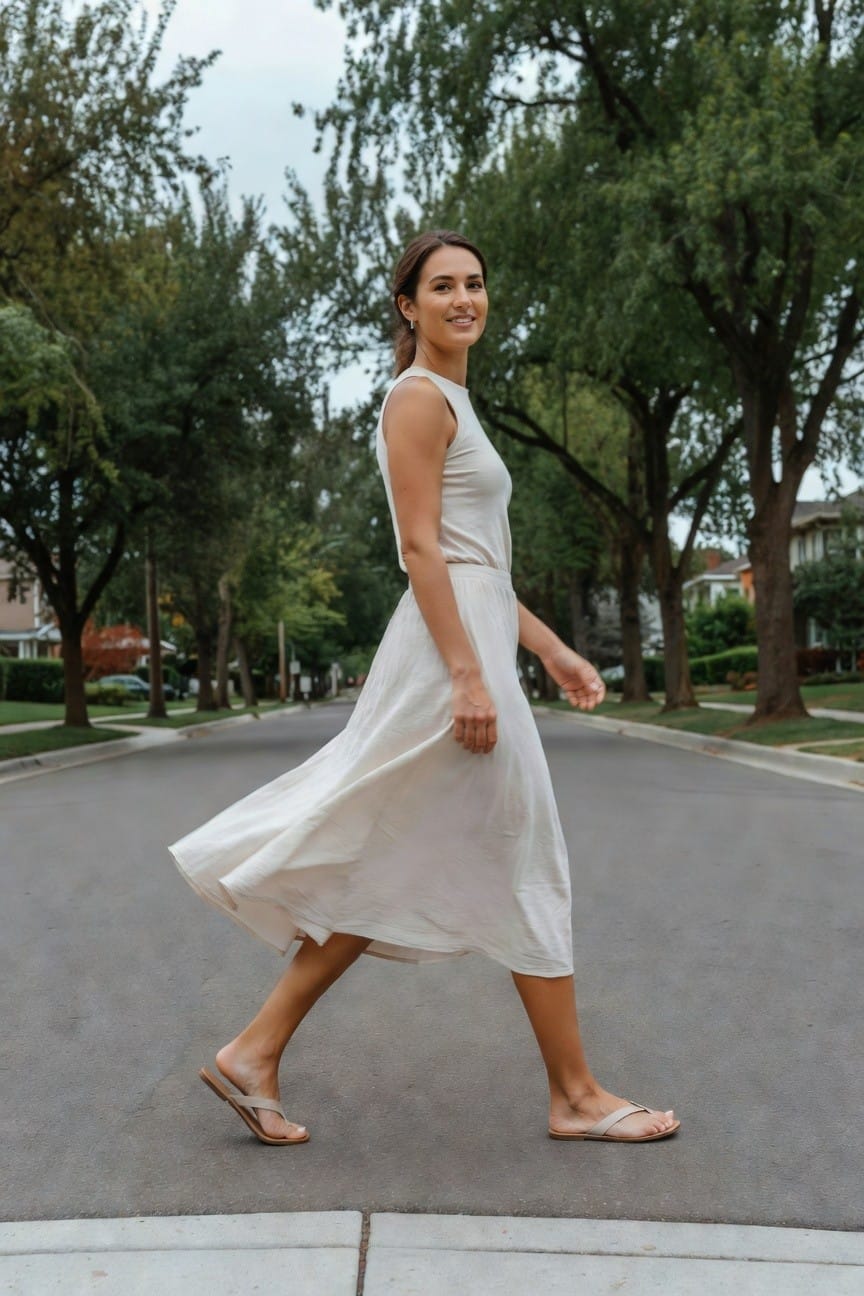 Woman in her 30s with brown ponytail smiling while walking on pavement, wearing white sleeveless tank top, matching high-waisted flowy white midi skirt billowing slightly, and tan leather flip-flop sandals, tree-lined street in background