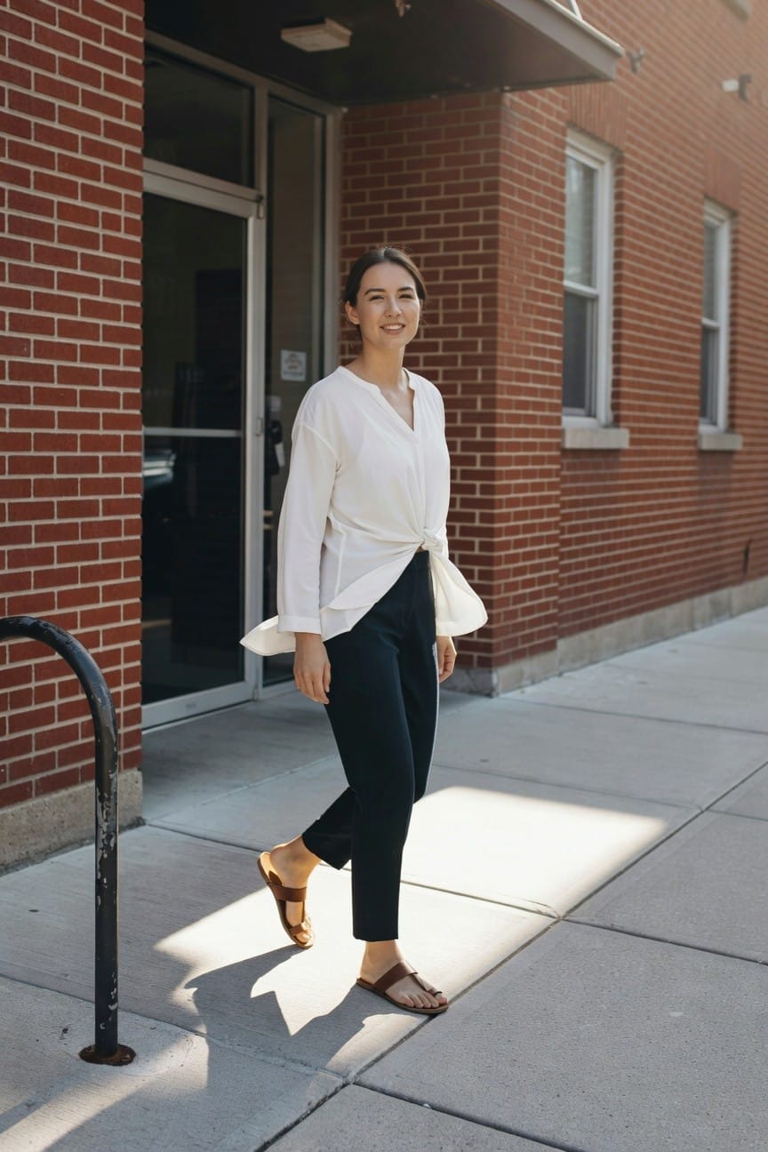 Woman walking outside in white wrap blouse with flared sleeves tied at waist, black cropped slim pants, and tan strappy flat sandals, smiling at camera against brick building