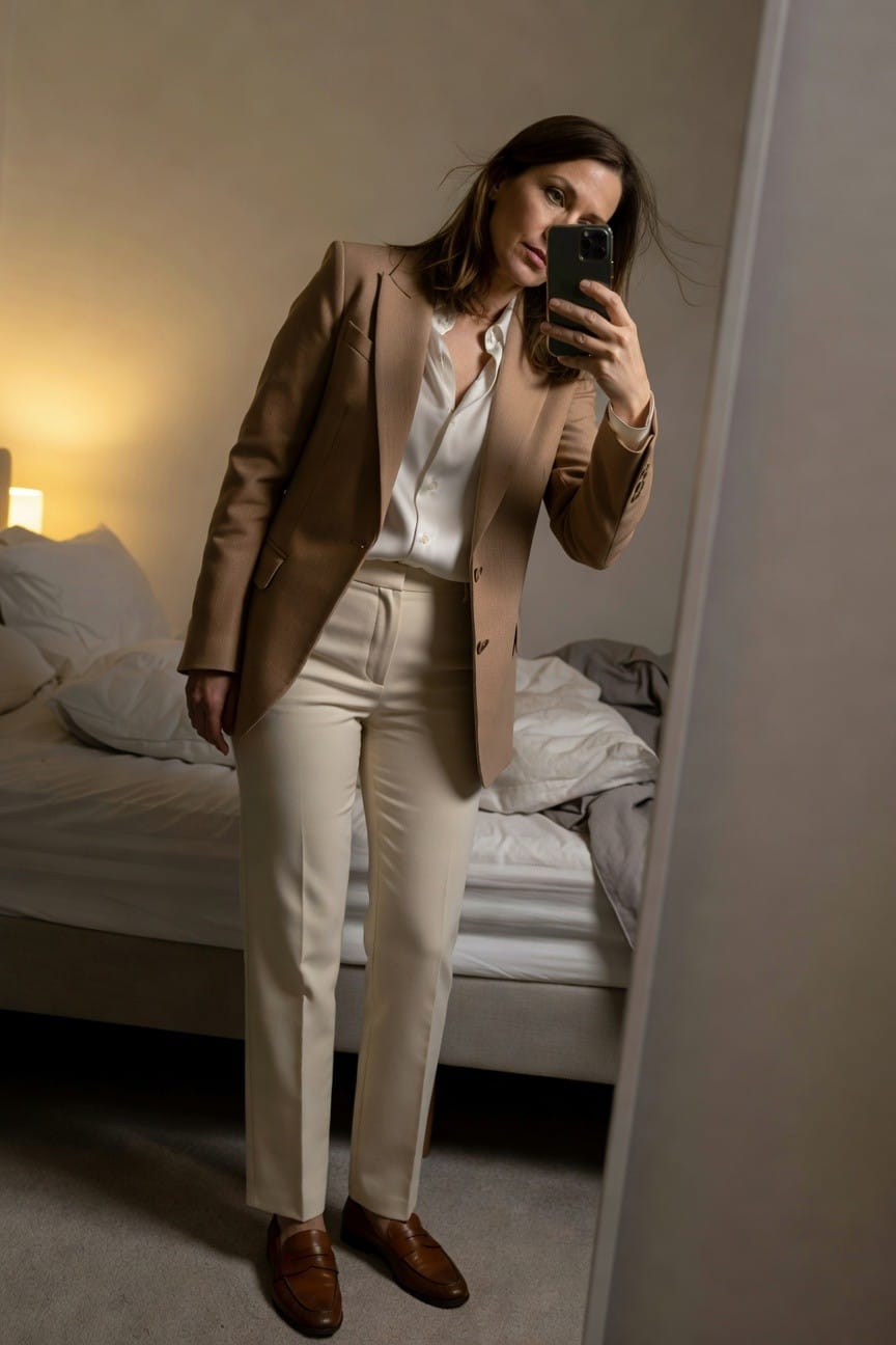 Woman taking mirror selfie in tailored camel blazer over white button-up shirt tucked into wide-leg cream trousers with brown loafers, standing in bedroom with bed in background