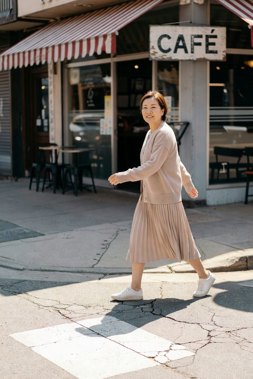 Woman in her 40s walking confidently in a light beige knit cardigan over matching pleated midi skirt and white sneakers, neutral tones for a calm work style