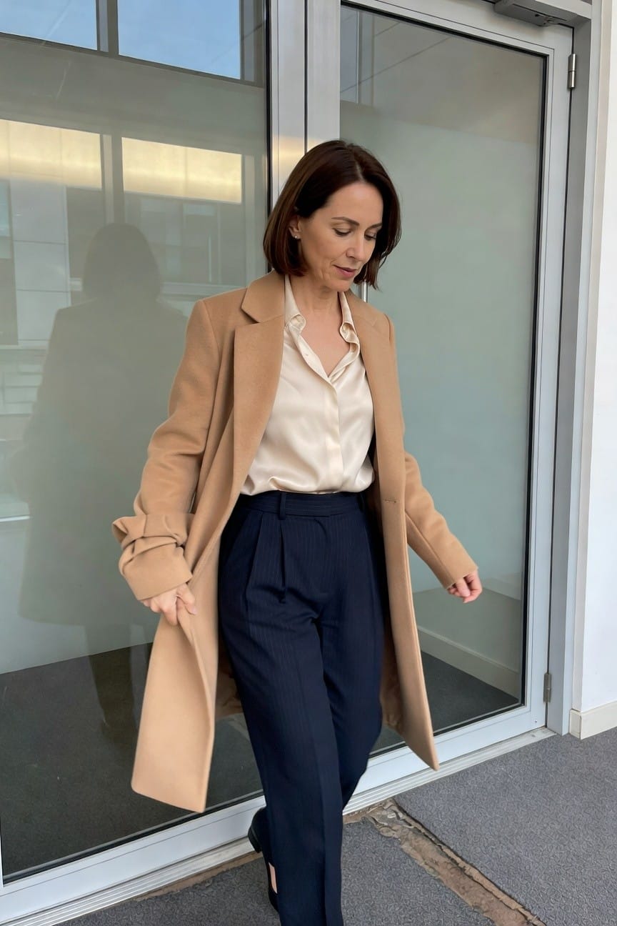 Woman in long camel coat with oversized sleeves over cream silk blouse and navy pleated wide-leg trousers, black pointed heels, walking toward glass doors