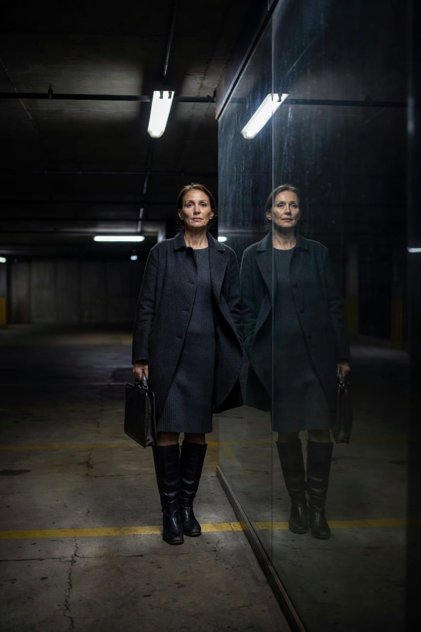 Woman in charcoal gray coat dress and black knee-high boots standing in front of a mirror reflection in a dimly lit parking garage, holding a black leather briefcase