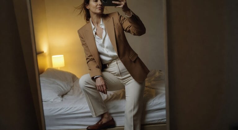 Woman taking mirror selfie in tailored camel blazer over white button-up shirt tucked into wide-leg cream trousers with brown loafers, standing in bedroom with bed in background