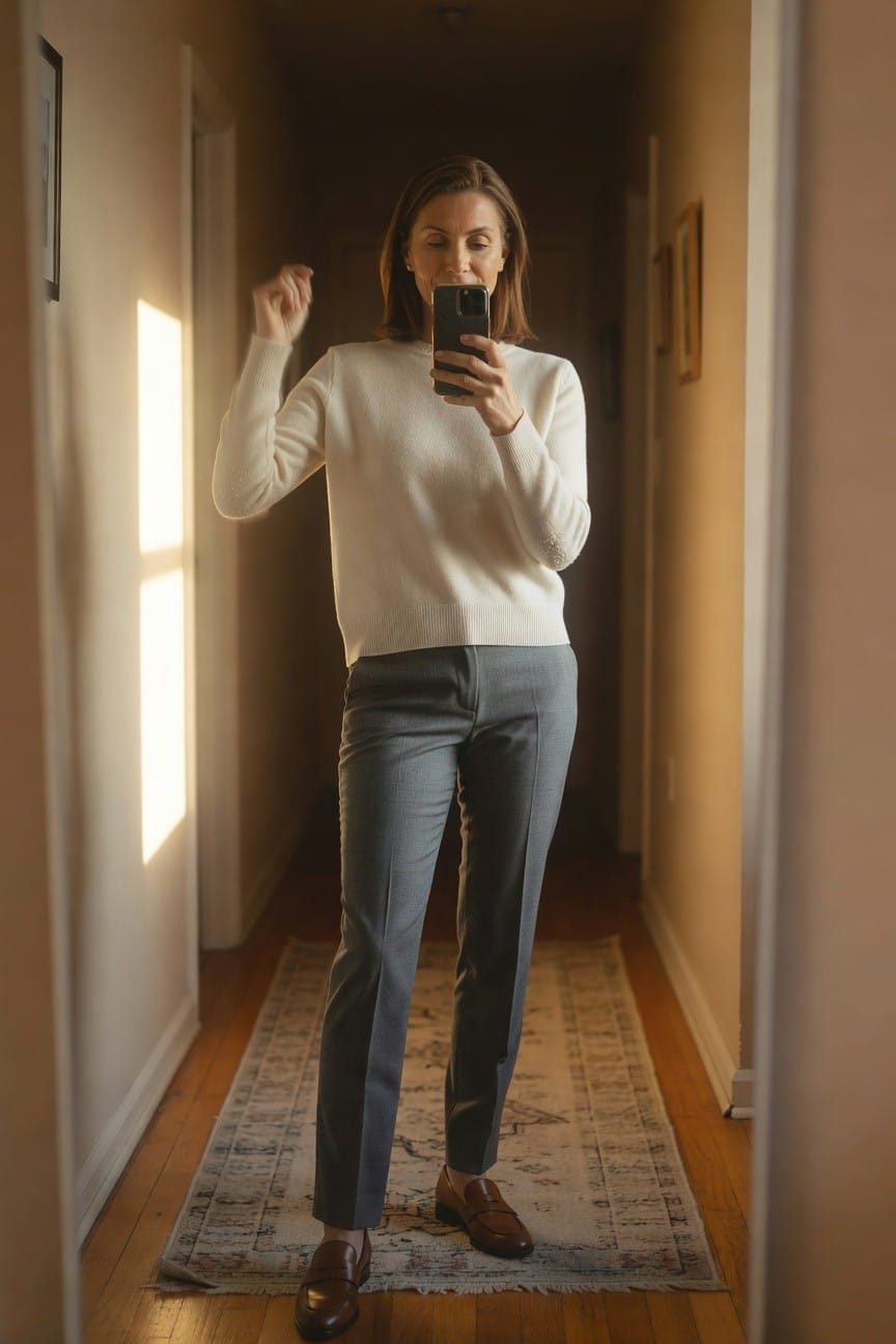Woman standing in neutral hallway taking selfie, dressed in off-white textured knit sweater, mid-gray tailored trousers, and brown leather loafers