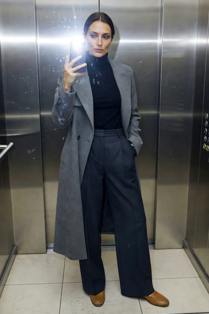 Woman taking elevator selfie in oversized gray wool coat over black turtleneck, navy wide-leg trousers, and brown leather loafers, hand in pocket for relaxed work style