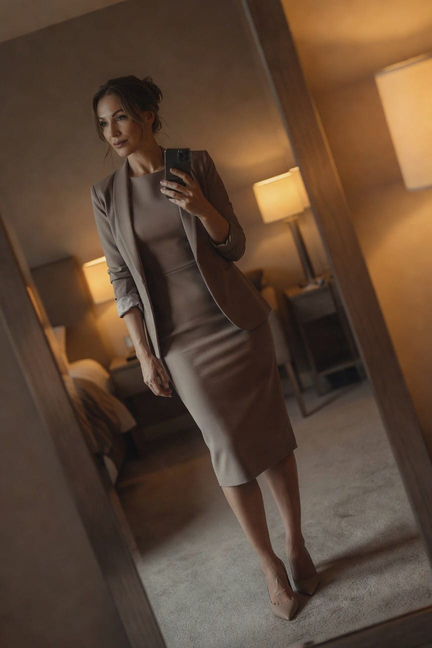 Woman in taupe blazer over matching knee-length sheath dress with rolled sleeves, nude pointed-toe heels, taking mirror selfie in warmly lit bedroom with bed and lamps visible in reflection