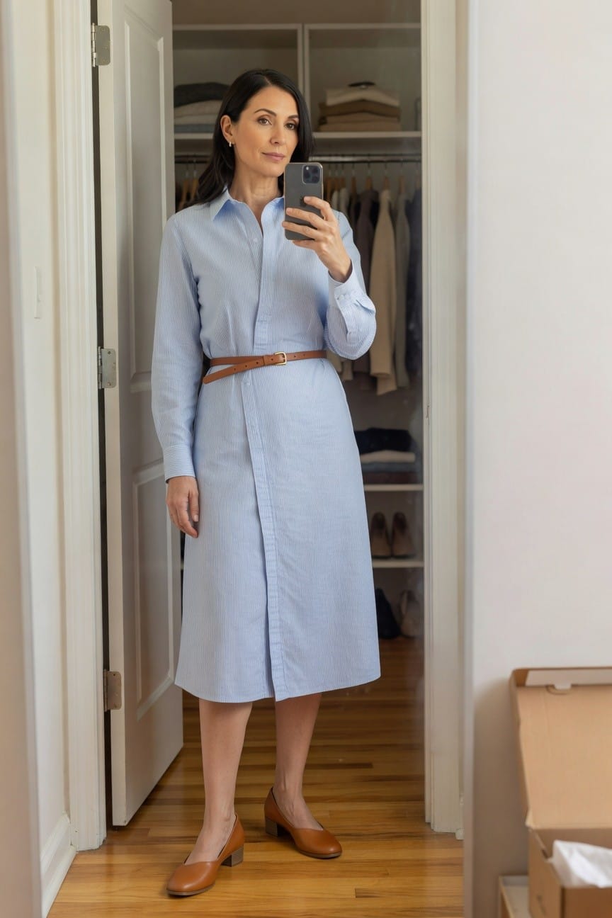 Woman in her 40s wearing a light blue striped long-sleeve button-front shirt dress belted at the waist with brown leather, tan low-heel pumps, gold earrings, taking a selfie in a walk-in closet