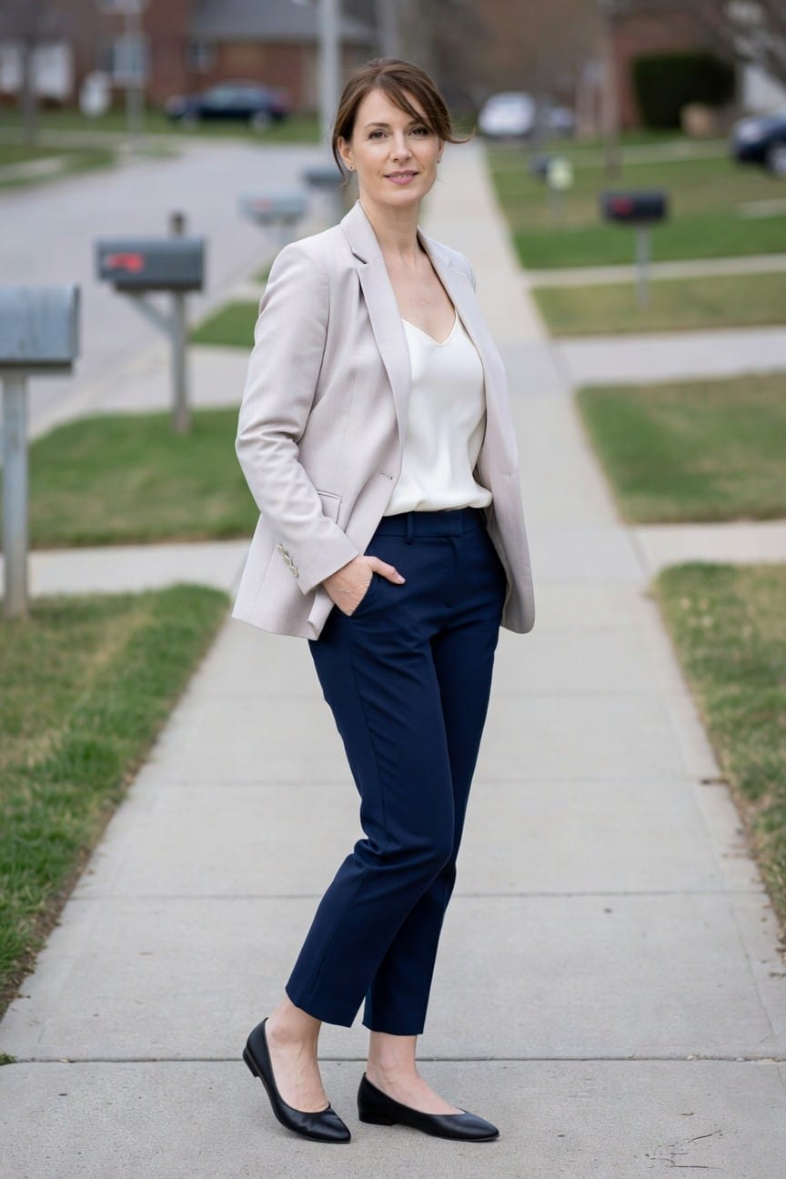 Woman in her 40s standing on a sidewalk in a light gray blazer over white camisole, navy ankle-length trousers, and black pointy flats, one hand in pocket, poised and professional